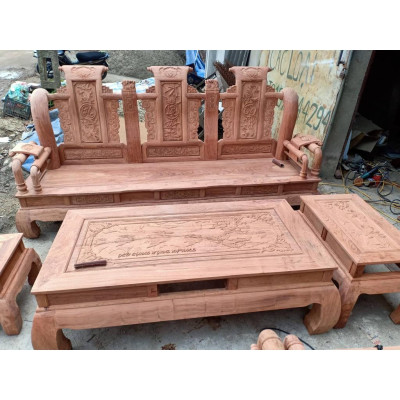 Bộ bàn ghế phòng khách tần thủy hoàng gỗ hương đá tay 12 cột liền