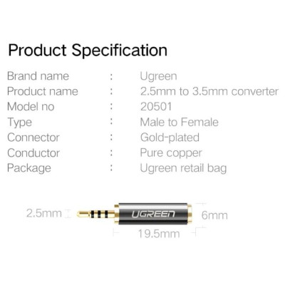 Ugreen UG2050120502TK Màu Đen Đầu chuyển âm thanh 2.5mm dương sang 3.5mm âm - HÀNG CHÍNH HÃNG