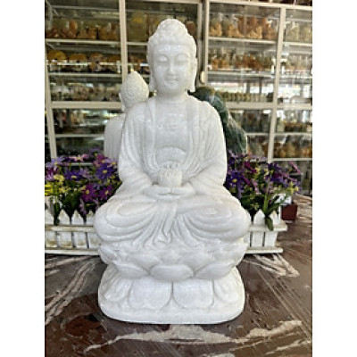 Tượng Phật Adida, phật tổ như lai ngồi đài sen đá cẩm thạch trắng - Cao 40 cm