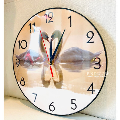 (CÓ ẢNH THẬT) Tranh đồng hồ tròn tráng gương đôi thiên nga kèm pin và đinh