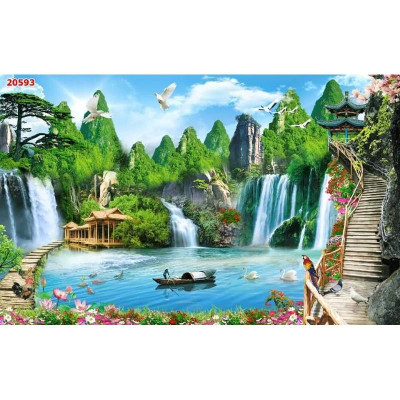 Tranh dán tường 3D sơn thủy hữu tình , phong cảnh, thác nước nhận in theo kích thước yêu cầu