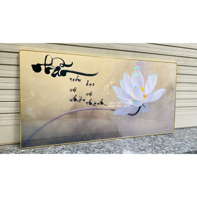 (ẢNH THẬT) Tranh treo tường tráng gương chữ nhẫn và hoa sen trắng kèm đinh treo