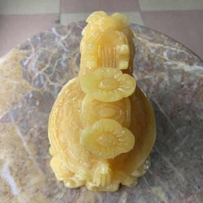 Tượng Long Quy ( Rùa đầu Rồng ) cõng gậy như ý phong thủy đá ngọc hoàng long - Dài 15 cm