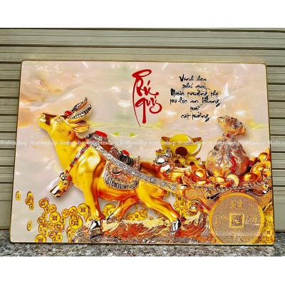 (ẢNH THẬT) Tranh treo tường tráng gương trâu vàng tài lộc 1 bo viền tặng kèm đinh treo