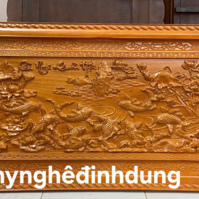 Tranh treo tường khắc tích cửu ngư quần hội bằng gỗ gõ đỏ kt 67x127x5cn