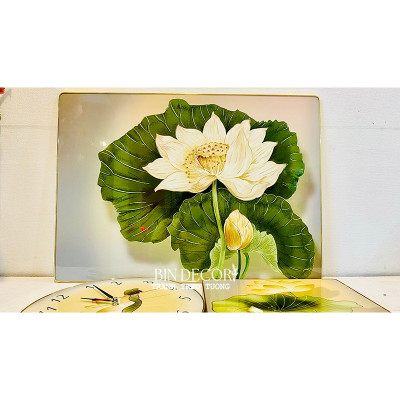 (CÓ ẢNH THẬT) Tranh đồng hồ hoa sen 4 bộ 3 tấm trang trí decor phòng bo viền kèm đinh treo