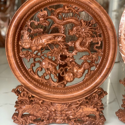 Đĩa tranh trí phong thủy trạm khắc long ly quy phượng bằng gỗ hương đá kt mặt rộng  35×4cm