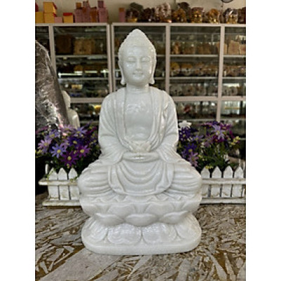 Tượng Phật Adida, phật tổ như lai ngồi đài sen đá cẩm thạch trắng - Cao 35cm