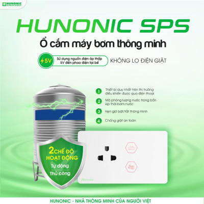 Ổ Cắm Chống Giật Hunonic SPS Bật tắt Máy Bơm, quản lý, mô phỏng lượng nước trên điện thoại