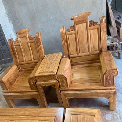 Bộ bàn ghế âu á tay hộp chương cuốn thư vách trơn chọn vân gỗ gõ đỏ 6 món