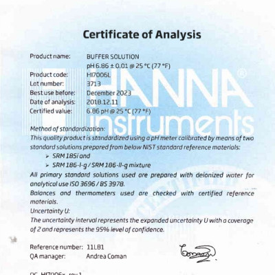 Dung Dịch Chuẩn NIST pH6.86 Để Kiểm Tra/Hiệu Chuẩn Lại Bất Kỳ Máy Đo pH Nào,500mL,HANNA HI7006L kèm chứng nhận COA,MSDS