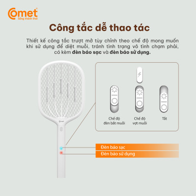 Vợt muỗi điện Comet CP049 Pin Lithium 500mAh sạc 2h dùng 10 ngày BH 12T cổng sạc type C