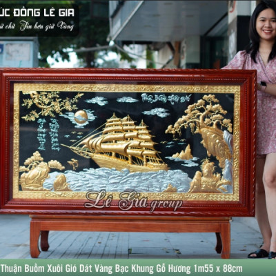 Tranh Đồng Thuận Buồm Xuôi Gió dát vàng bạc khung gỗ hương 1m55 x 88cm