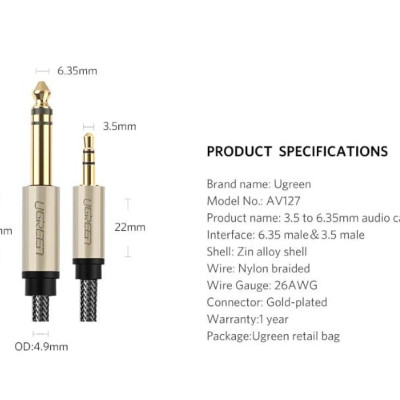 Ugreen UG40803AV127TK 1.5M màu Đen Cáp âm thanh 3.5mm sang 6.5mm cao cấp - HÀNG CHÍNH HÃNG