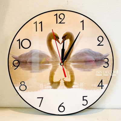 (CÓ ẢNH THẬT) Tranh đồng hồ tròn tráng gương đôi thiên nga kèm pin và đinh