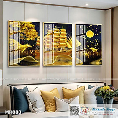Bộ 3 tranh mica cao cấp Cá heo, thuyền và biển - MK080