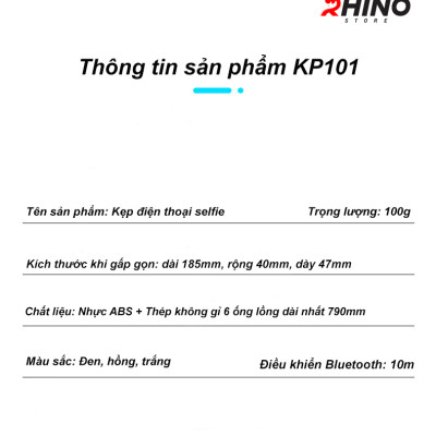 Gậy chụp ảnh cầm tay, kệ đỡ điện thoại 3 chân Rhino KP101 kèm bóng đèn LED với 6 thanh inox dài - Hàng chính hãng