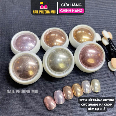 Set 6 Hũ Tráng Gương Mạ Crôm (Kèm Cọ Chà) Tạo Hiệu Ứng Gương Ánh Kim 3D Cực Quang Làm Nail