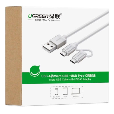 Ugreen UG20873US177TK 1.5M màu Bạc Cáp USB-A sang Micro USB + USB-C cao cấp - HÀNG CHÍNH HÃNG
