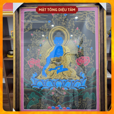 Tranh Thangka Dược sư Thủ Công Nepal Tranh Phật Dược Sư Xanh Dương handmade 92cm Biểu Tượng Chữa Lành Mật tông Diệu Tâm