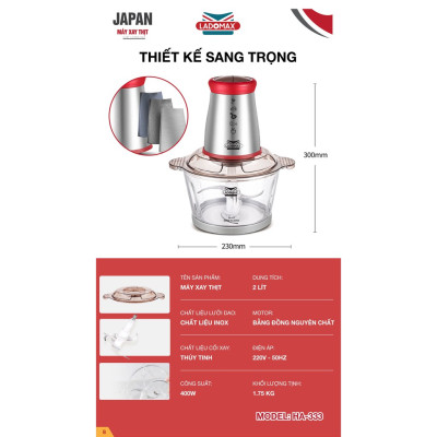 Máy xay thịt đa năng cối thủy tinh 2L Ladomax, xay thịt, cá...Hàng chính hãng