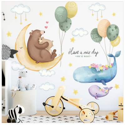 Decal dán tường cho bé Sticker dán tường in chất lượng cao có keo mặt sau mẫu Gấu và Cá Voi ZH73