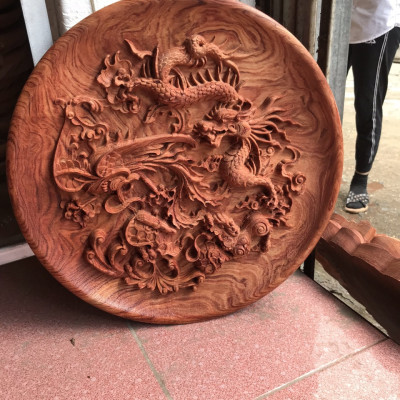 Đĩa trạm khắc tứ linh trang trí ,phong thủy bằng gỗ hương đá kt mặt rộng 40×4cm