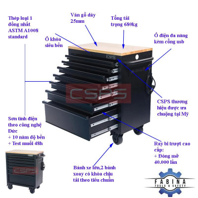 Tủ dụng cụ 7 ngăn kéo tay nắm đen có mặt ván gỗ kèm ray đóng êm CSPS