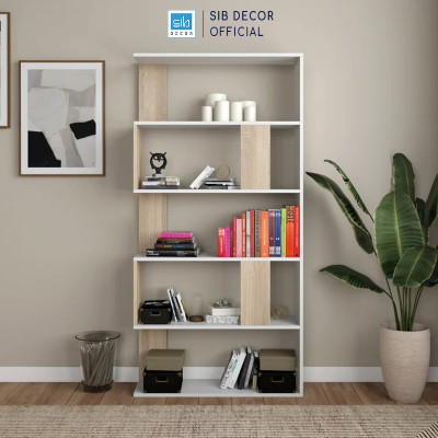 Kệ Gỗ Để Sách Phá Cách Hiện Đại Màu Trắng Phối Vân Gỗ Sồi SIB Decor KSG52