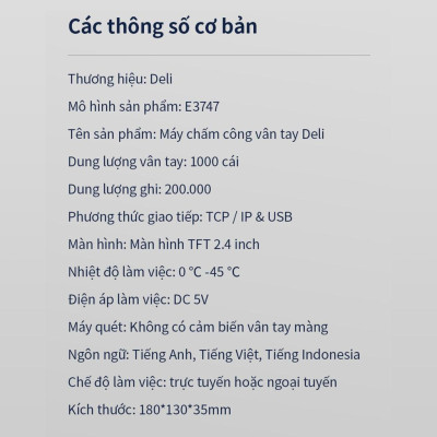 Máy Chấm Công Quét Vân Tay Deli hàng Chính Hãng Deli   - Màn Hình 2.4 Inch, Camera Kép, Kết Nối USB - Tích Hợp Nhiều Ngôn Ngữ E3747
