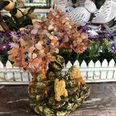  Cây Tài Lộc với tiểu cảnh bát tụ bảo và cóc thiềm thừ ngậm tiền phong thủy tài lộc đá mã não - Cao 30 cm