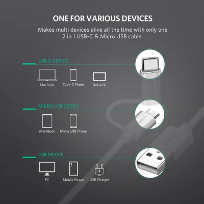 Ugreen UG20873US177TK 1.5M màu Bạc Cáp USB-A sang Micro USB + USB-C cao cấp - HÀNG CHÍNH HÃNG