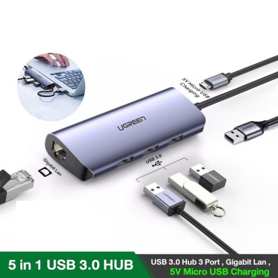 Ugreen 60719 hub USB 3.0 ra 3*USB 3.0 + 10/100/1000 gigabit lan màu xám chất liệu nhôm cổng nguồn micro Ugreen CM252 - Hàng Chính Hãng