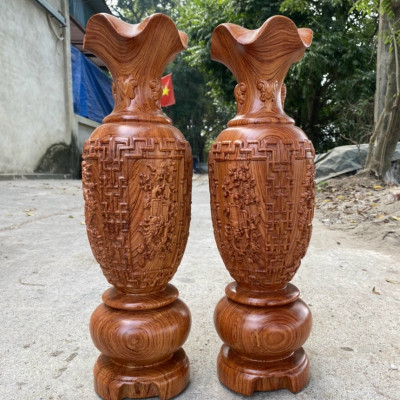 Cặp lục bình trạm khắc tứ quý bốn mùa, phong thủy hút tài lộc bằng gỗ hương đá kt cao 30×10cm