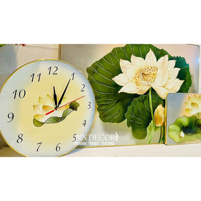 (CÓ ẢNH THẬT) Tranh đồng hồ hoa sen 4 bộ 3 tấm trang trí decor phòng bo viền kèm đinh treo