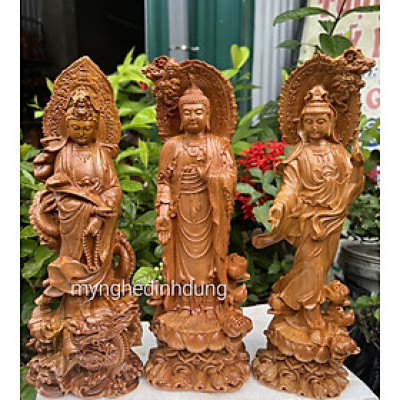 Combo 3 tượng phật adiđa và 2 phật quan âm bồ tát bằng gỗ bách xanh thơm nức kt cao 30x10x9cm 