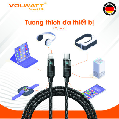Cáp sạc nam châm chống rối Volwatt GE-A45-CL hàng chính hãng | Cáp Type-C to L PD 27W, LED hiển thị, dài 1.2m – BH 12 tháng