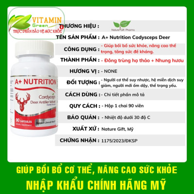  Viên uống đông trùng hạ thảo Nhung hươu A+ Nutrition Codysceps Deer | Nhập Khẩu chính hãng Mỹ