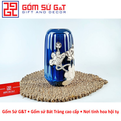 Lọ hoa men hỏa biến lá dứa miệng thấp vẽ sen Gốm Sứ G&T