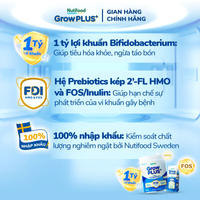 Sữa bột pha sẵn Nutifood Sweden GrowPLUS+ Tiêu Hóa (Xanh Nhạt) 1+ - Tiêu hóa khỏe, tăng cân (48 hộp x 110ml)
