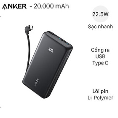 Anker Zolo Powerbank 20.000 mAh 22.5 W (Model A110E) – Pin dự phòng dung lượng lớn, sạc nhanh đa thiết bị - Hàng Chính Hãng