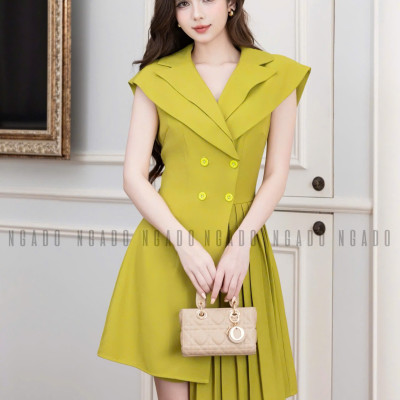 Đầm xanh bơ xếp ly NGADO , đầm nữ , đầm công sở , dự tiệc