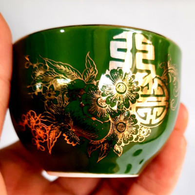 Bộ ấm chén bưởi rêu đào thọ vẽ vàng 24k gốm sứ Bát Tràng cao cấp