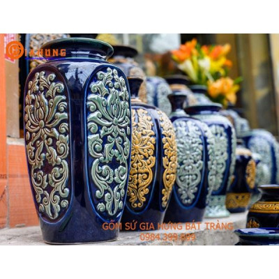 Bình hoa khắc hoa sen cổ men xanh vàng gốm Bát Tràng