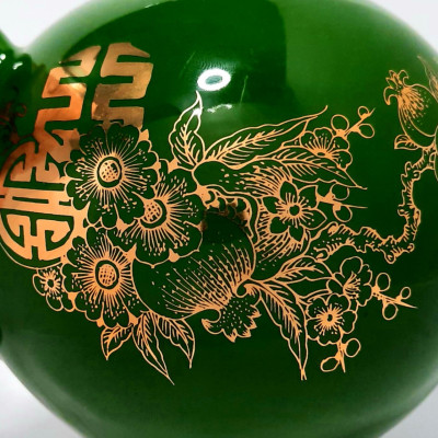 Bộ ấm chén bưởi rêu đào thọ vẽ vàng 24k gốm sứ Bát Tràng cao cấp