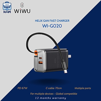 Bộ sạc nhanh GaN WiWU Helix 67W Wi-G020, sạc laptop, dây 70cm, chân gập