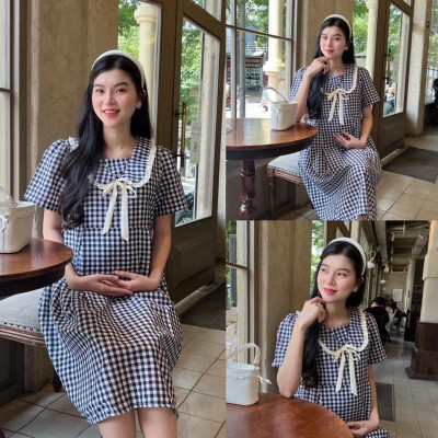 Đầm bầu Karo xếp ly cổ viền bèo xinh xắn, nhẹ nhàng baby nhẹ nhàng đáng yêu