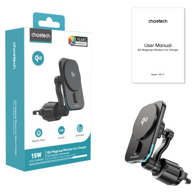 Giá đỡ sạc không dây trên ô tô Choetech T231 công suất 15w chuẩn Qi2 xoay 360 độ có tản nhiệt (Hàng chính hãng)