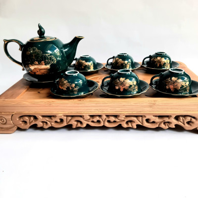 Bộ ấm chén Bát Tràng cao cấp phú quý Mallard màu xanh Arctic họa tiết hoa sen vẽ vàng 24k