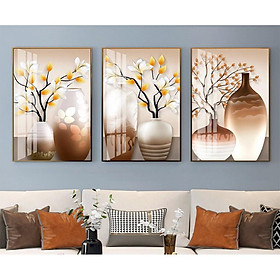 Bộ ba tranh treo tường bình hoa mai tranh tráng gương cao cấp